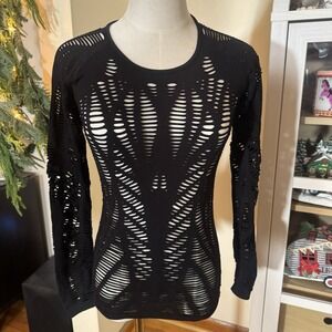 Alo Yoga  Top Womens Small Black Long Sleeve Cutout 4-Way Stretch Wanderer